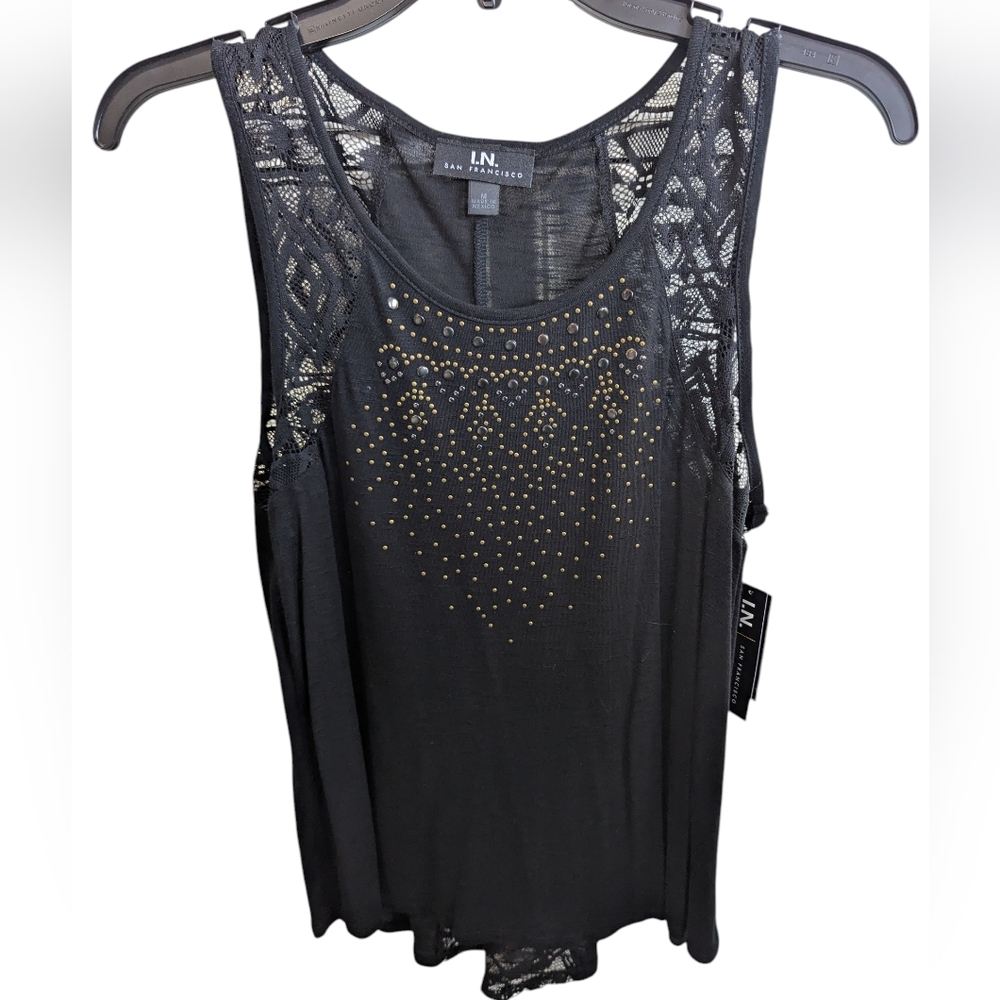 I.N. San Francisco Black Studded Lace Tank Top